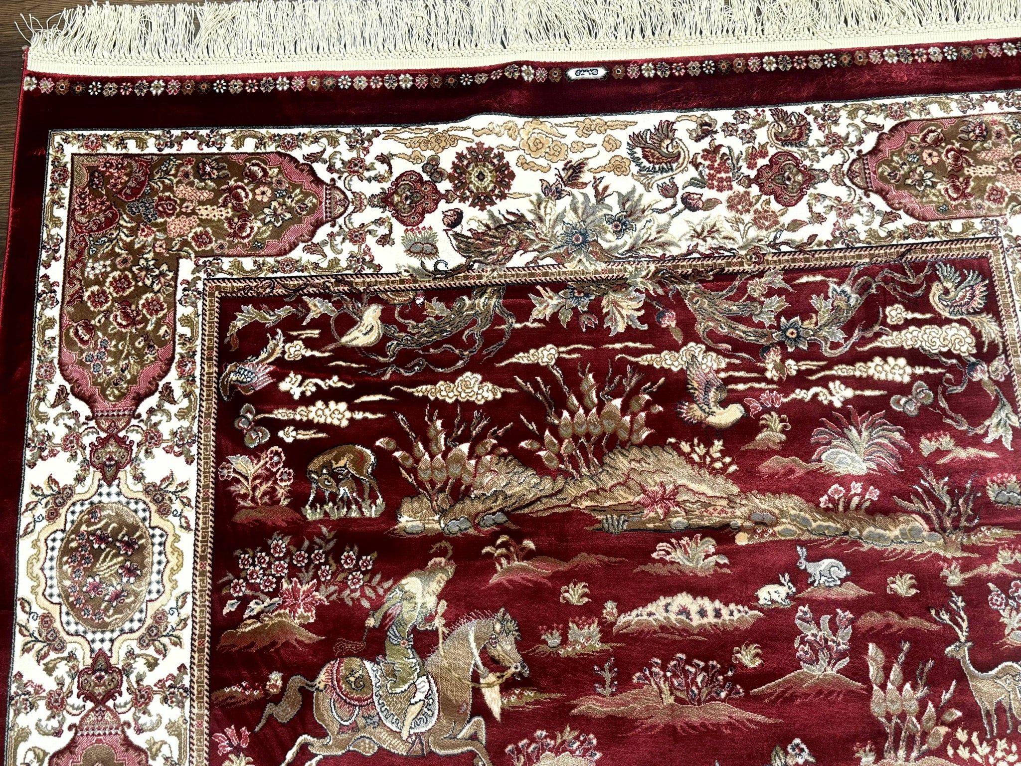 Turkish Silk Hunting Design Rug 4x6, Dark Red & Ivory, Bamboo Silk, New by Jewel Rugs