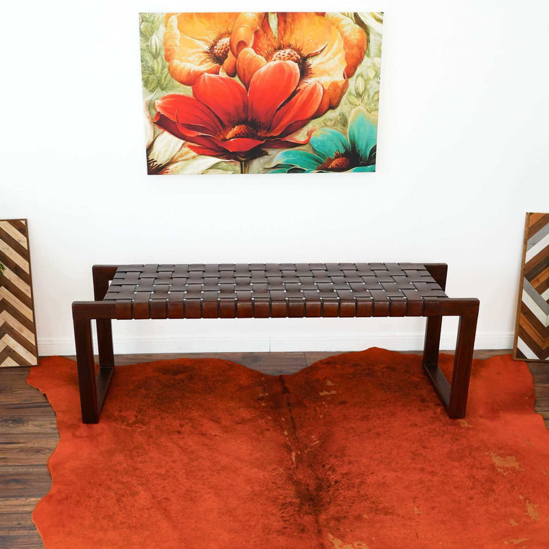 Cognac Brown Upholstered Bench with Genuine Leather Seat - Mid-Century Modern, photo 12 of 12