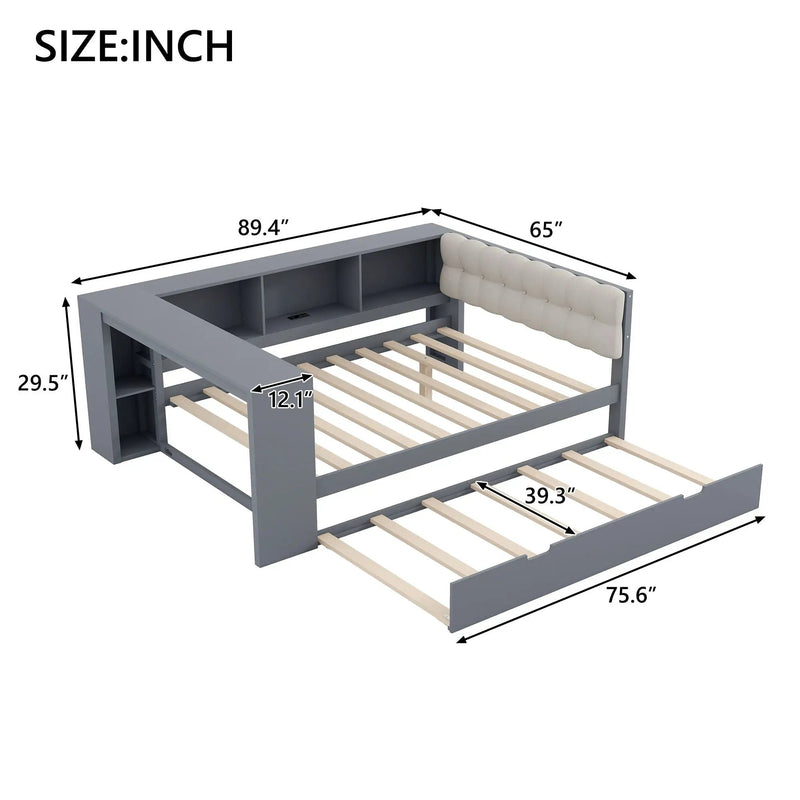 Upholstered Headboard Platform Bed with Storage Shelves, Trundle, and Charging Station by HouseOfZazla