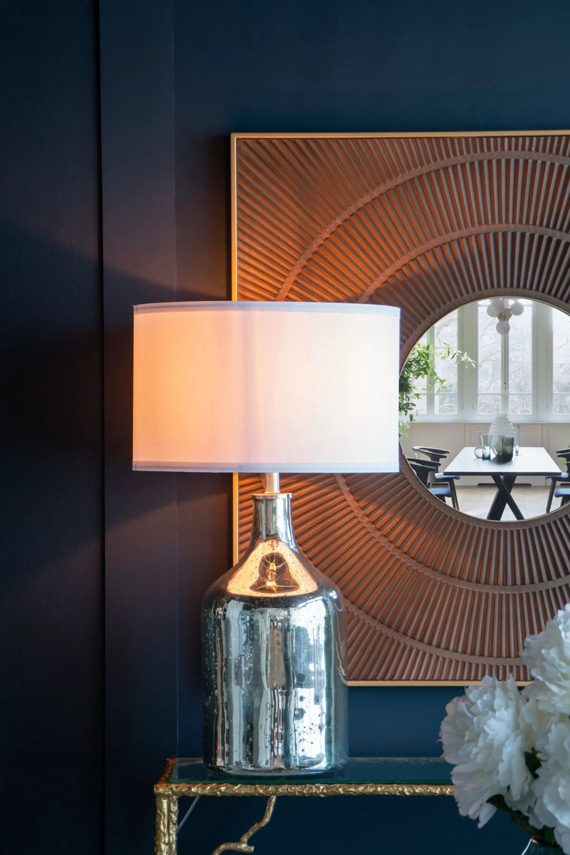 Silver Round Table Lamp with White Fabric Shade by HouseOfZazla