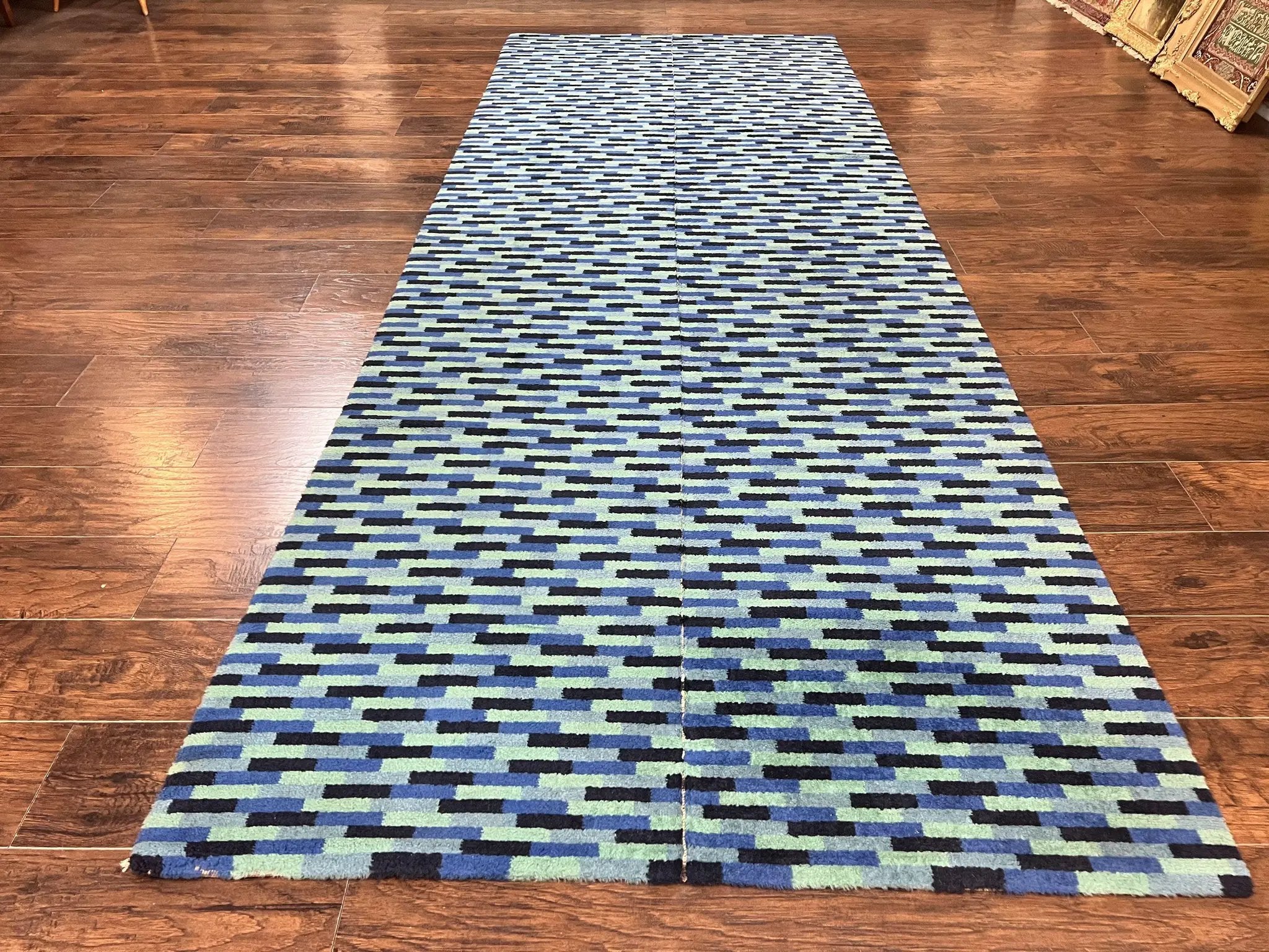 Wide Runner Rug 4.7 x 12, Blue Multicolor Contemporary Wool Power Loomed Rug, Mosiac Design by Jewel Rugs