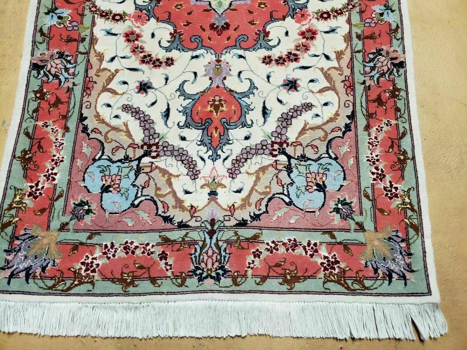 Small Vintage Persian Tabriz Wool and Silk Rug 2.5 x 4 ft, Very Finely Hand Knotted, Medallion, Ivory Salmon Light Blue, Top Quality, Pair B by Jewel Rugs