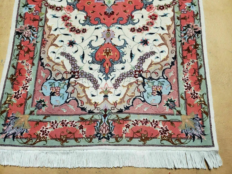 Small Vintage Persian Tabriz Wool and Silk Rug 2.5 x 4 ft, Very Finely Hand Knotted, Medallion, Ivory Salmon Light Blue, Top Quality, Pair B by Jewel Rugs