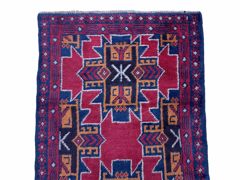 2' 8" X 4' 6" Vintage Handmade Tribal Wool Rug Balouchi Rug Afghan Rug Red Blue by Jewel Rugs
