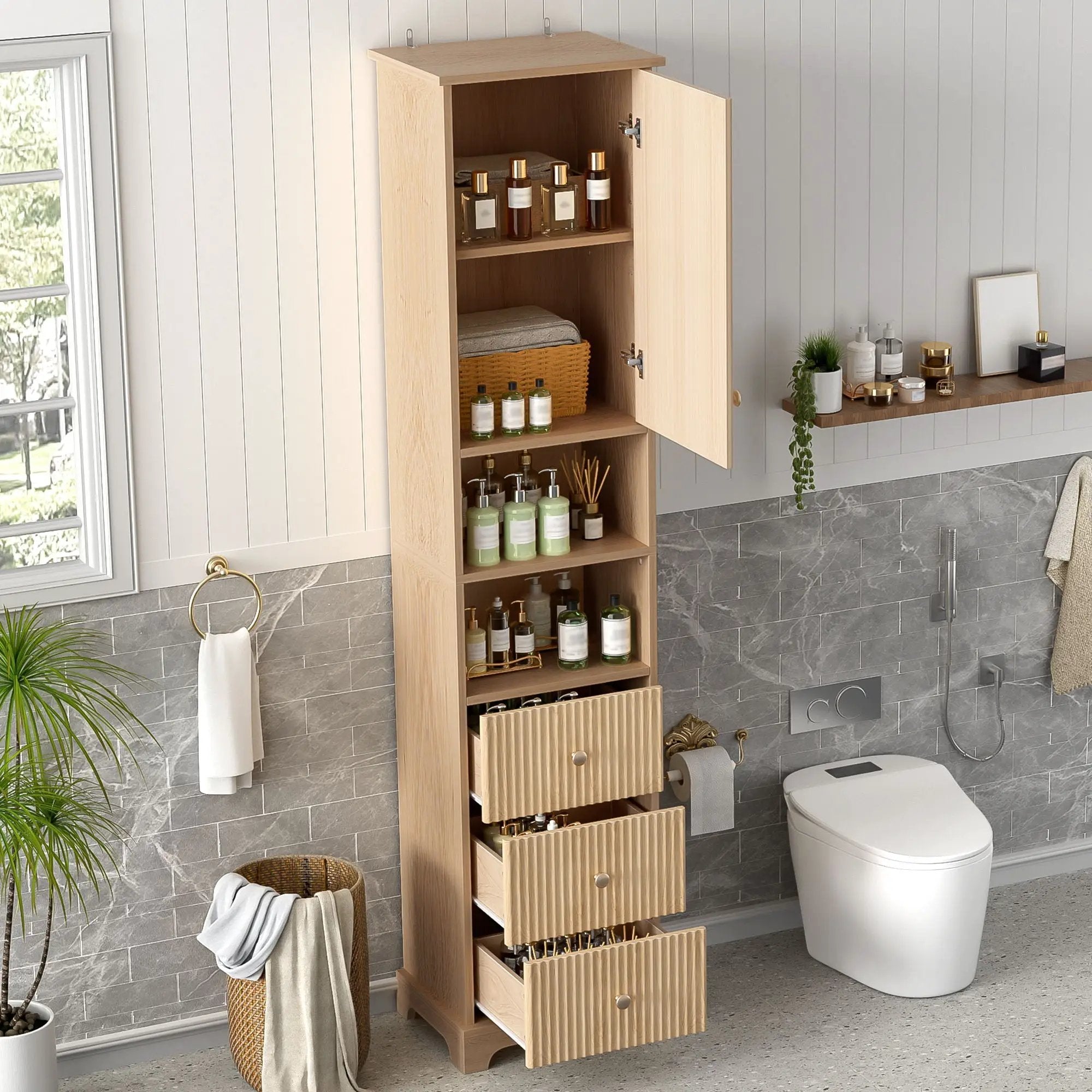 Tall Bathroom Cabinet With 1 Door, 3 Drawers, Open Storage - Wood by HouseOfZazla