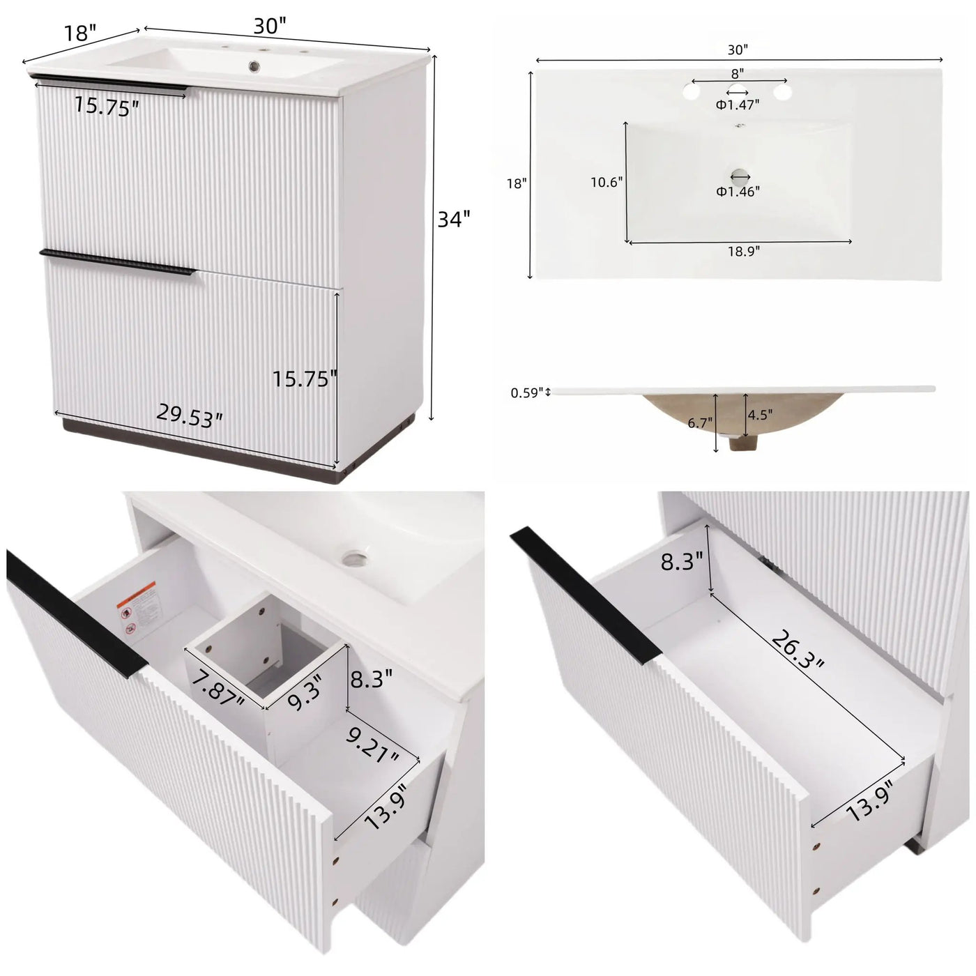 Fluted Bathroom Vanity With Ceramic Sink and Soft-Close Slides by HouseOfZazla