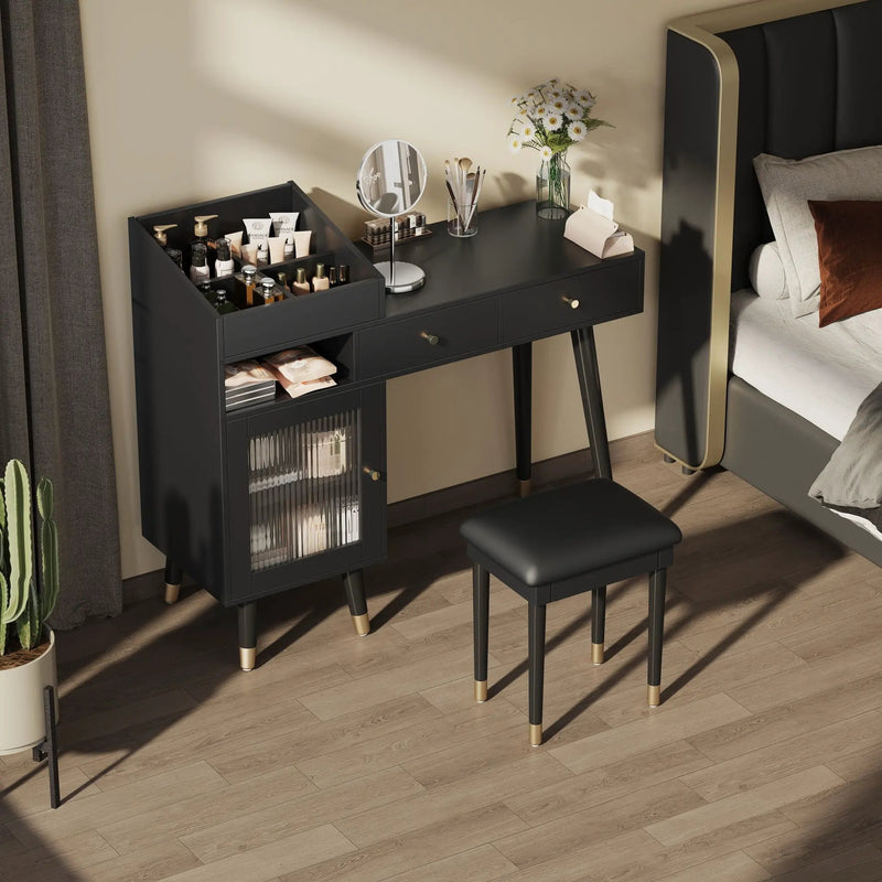 Modern Makeup Vanity Desk With Drawers Cabinet & Charging Port Engineered Wood Space Saving Design For Small Places - Black by HouseOfZazla