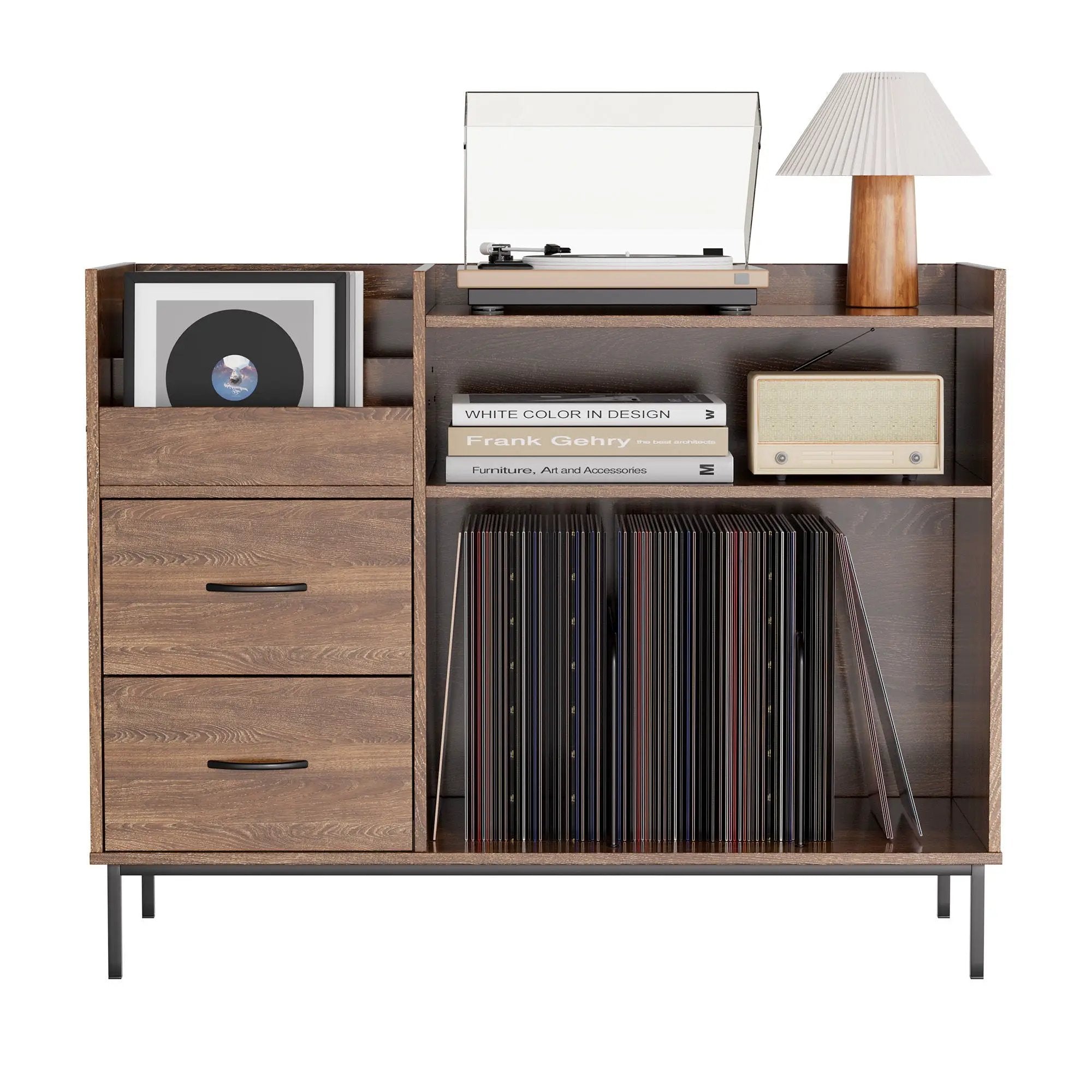 Eco-Friendly Vinyl Record Player Stand With Flip-Top Storage, Media Console With Dual Outlets And Dustproof Drawers by HouseOfZazla