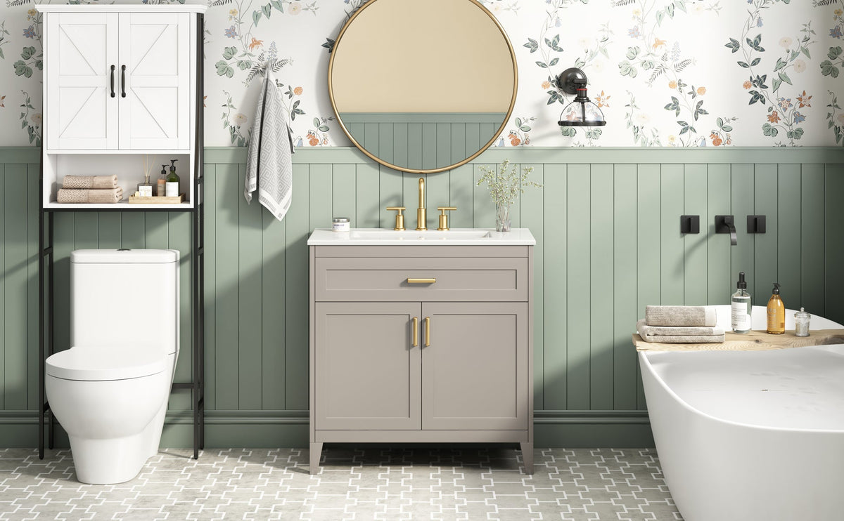 30" Bathroom Vanity with Ceramic Sink Top and Solid Wood Legs - Beige or Wood, photo 5 of 10