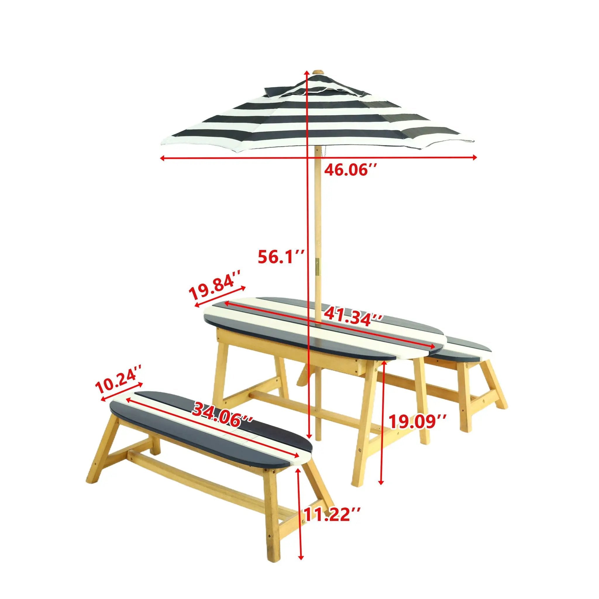 Naturally Playful Kids Picnic Table With Umbrella, Indoor / Outdoor Fun - Blue / White Stripes by Unique Piece Furniture