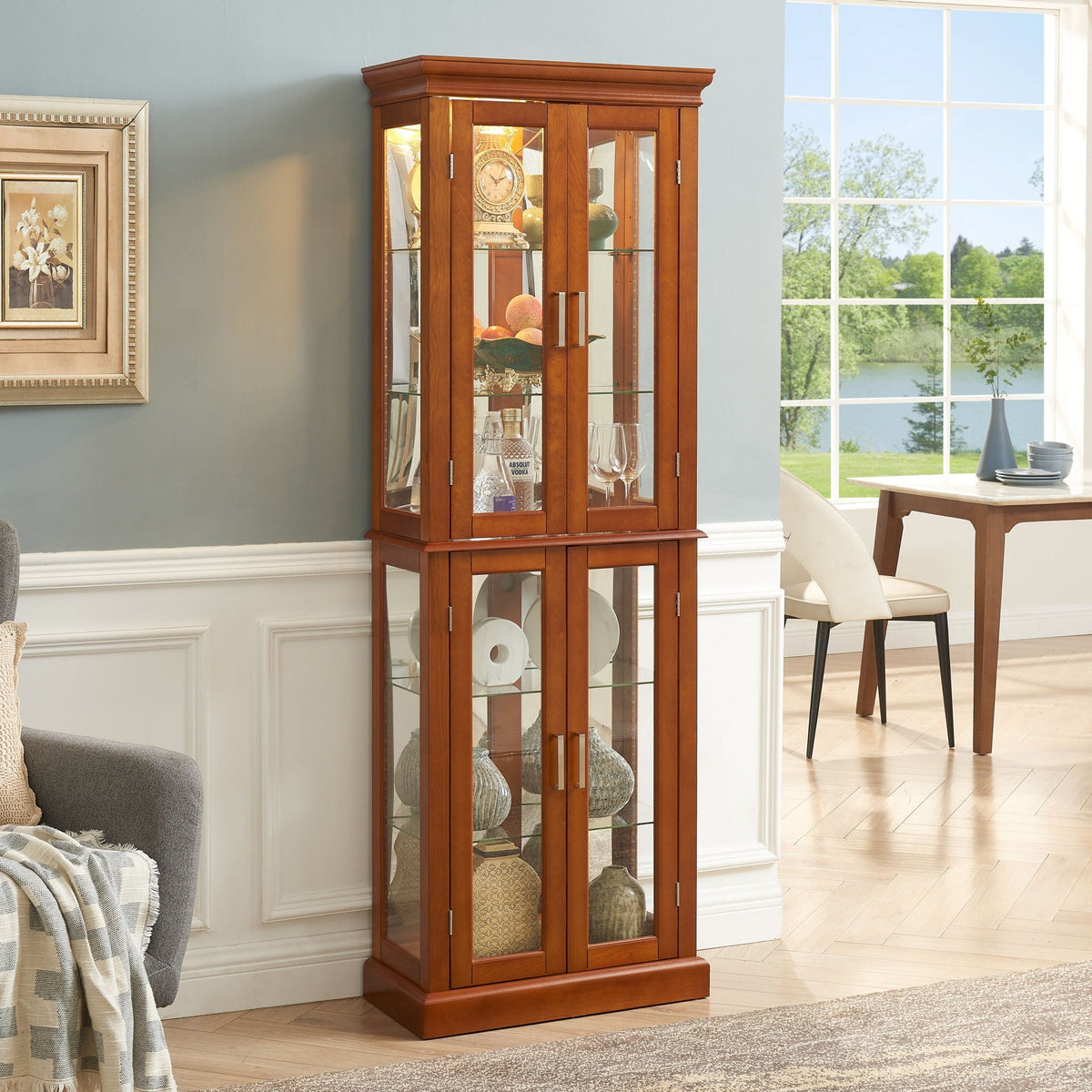 Lighted Curio Cabinet with Adjustable Shelves and Mirrored Back Panel - Dark Brown, Dark Red, Light Brown, photo 10 of 10