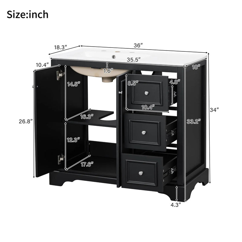 Bathroom Vanity With Sink, Soft-Close Doors, Adjustable U-Shelf, 3 Drawers by Unique Piece Furniture