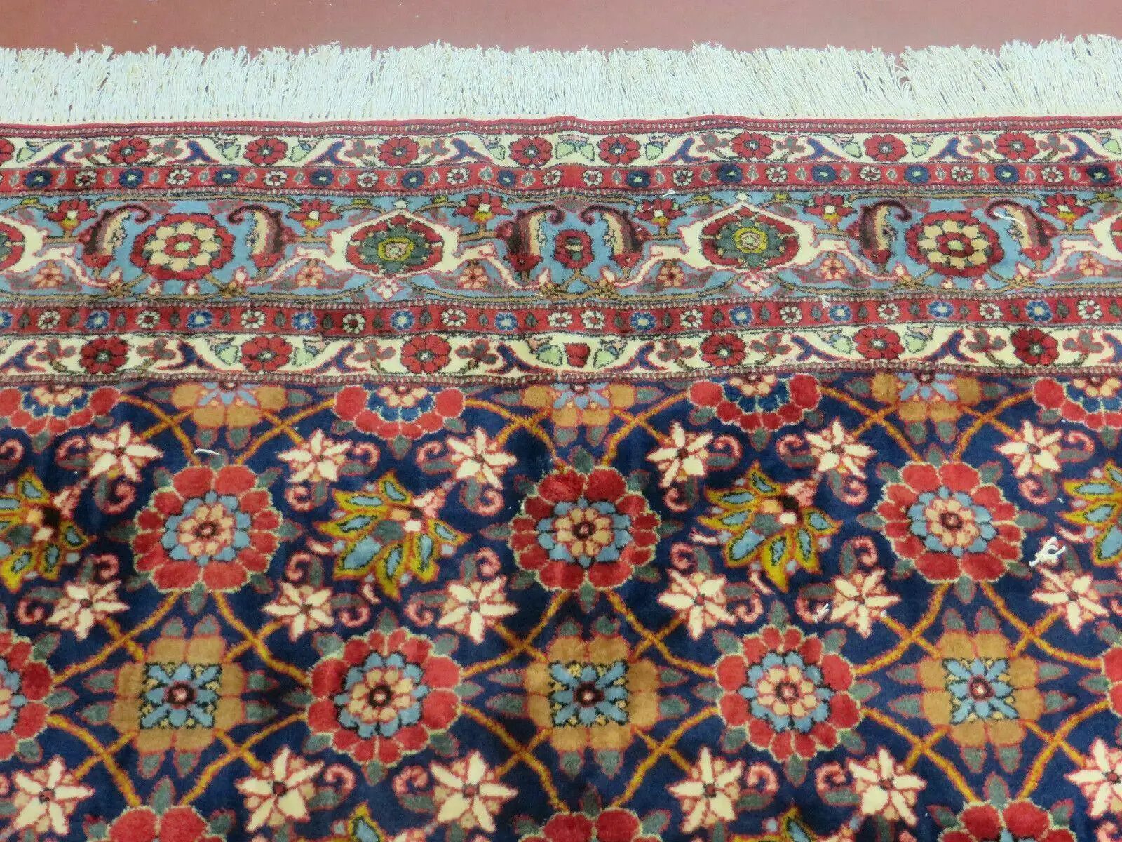 Navy Blue Antique Persian Rug 7x11, Veramin Mina Khani Repeated Allover Pattern, Vintage Authentic Hand Knotted Handmade Wool Room Sized Carpet by Jewel Rugs