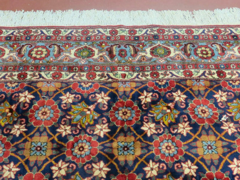 Navy Blue Antique Persian Rug 7x11, Veramin Mina Khani Repeated Allover Pattern, Vintage Authentic Hand Knotted Handmade Wool Room Sized Carpet by Jewel Rugs