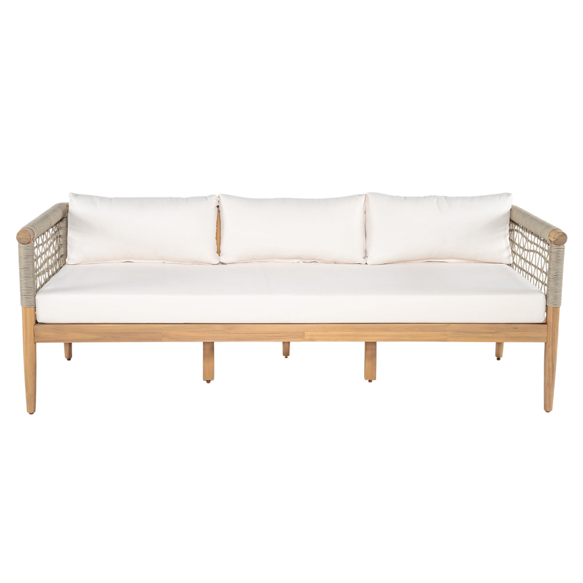 Outdoor Acacia Wood 3-Seater Sofa with Rope Woven Arms - Taupe, photo 2 of 10