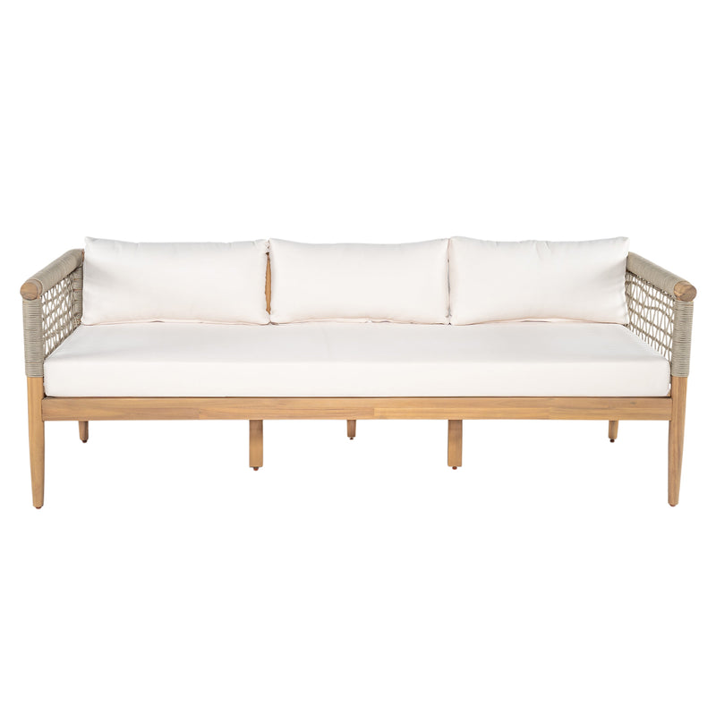 Outdoor Acacia Wood 3-Seater Sofa with Rope Woven Arms - Taupe, photo 2 of 10