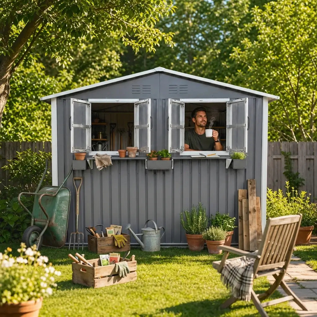 6x9 FT Outdoor Metal Storage Shed with Window & Flower Rack by HouseOfZazla
