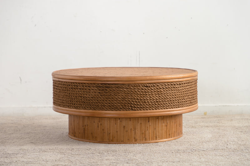 31.5" Round Retro Coffee Table With Flip-top Cover - Hemp Rope + Rattan,Featuring a Vintage, photo 6 of 10