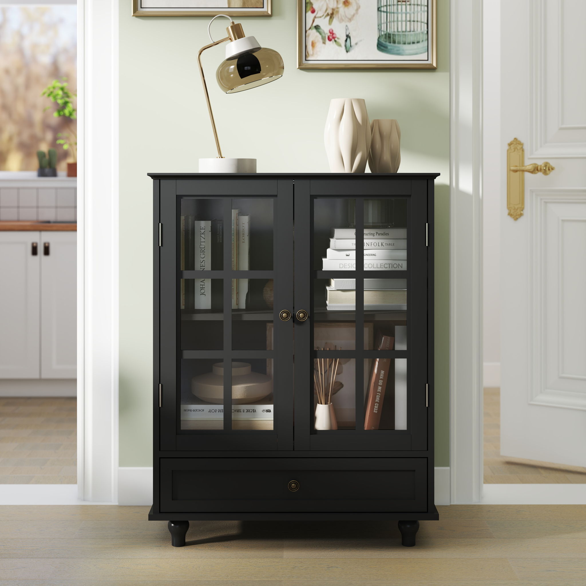 Minimalist Buffet Cabinet With Double Glass Doors And Drawer by HouseOfZazla