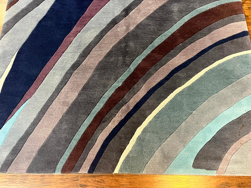 Modern Nepali Handmade Wool Rug 6x8, Blues Gray Mauve, Abstract, Nepali Tibetan Rug by Jewel Rugs