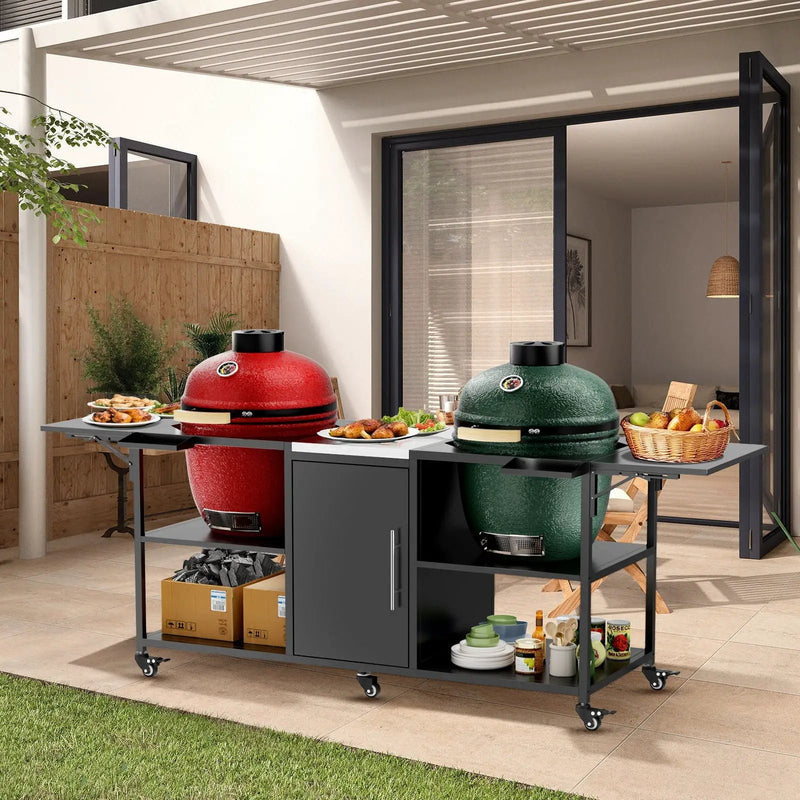 Outdoor Grill Cart For 2 Big Egg - Black / Silver by HouseOfZazla