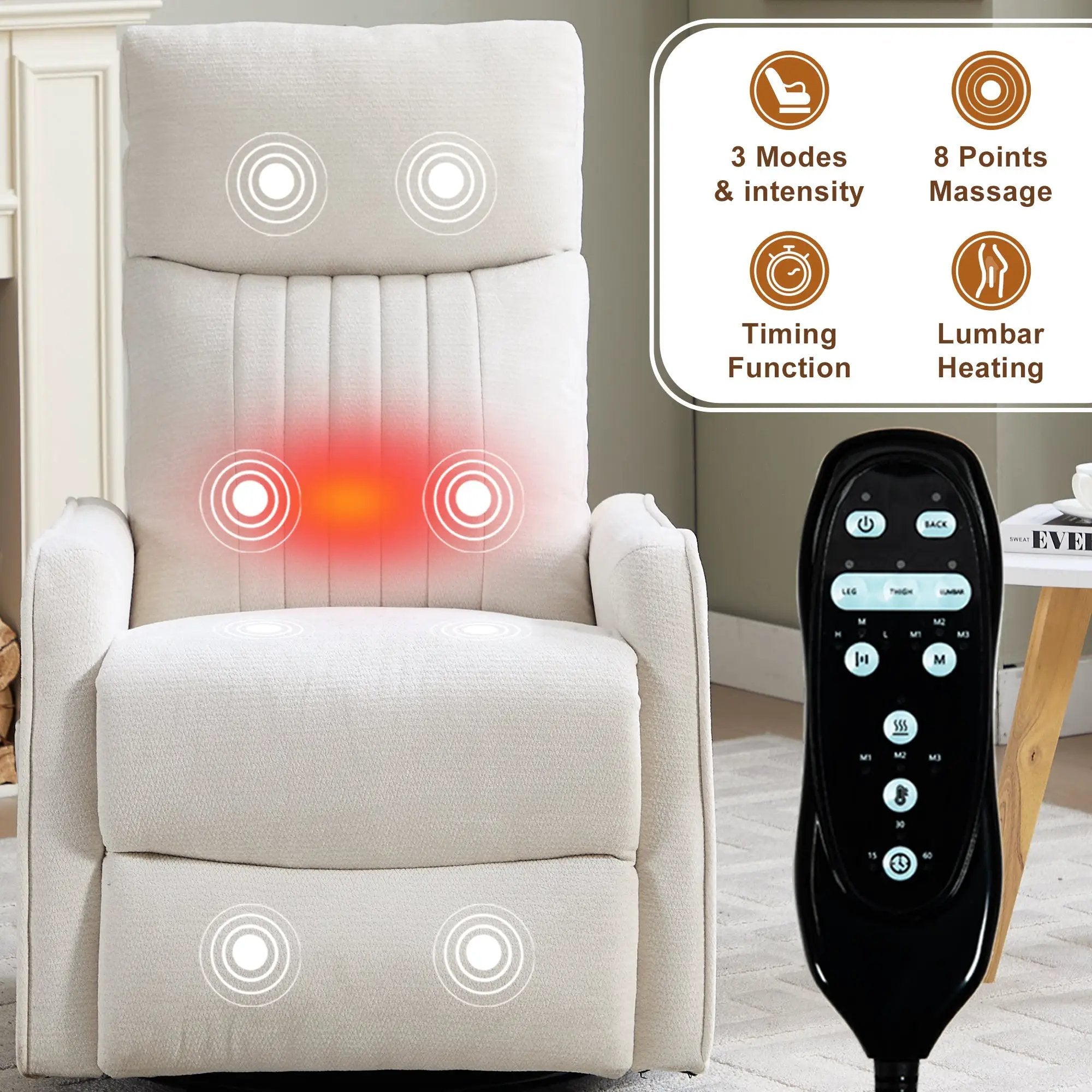 Beige Heat Massage Manual Recliner Chair with Rocker and Swivel by HouseOfZazla