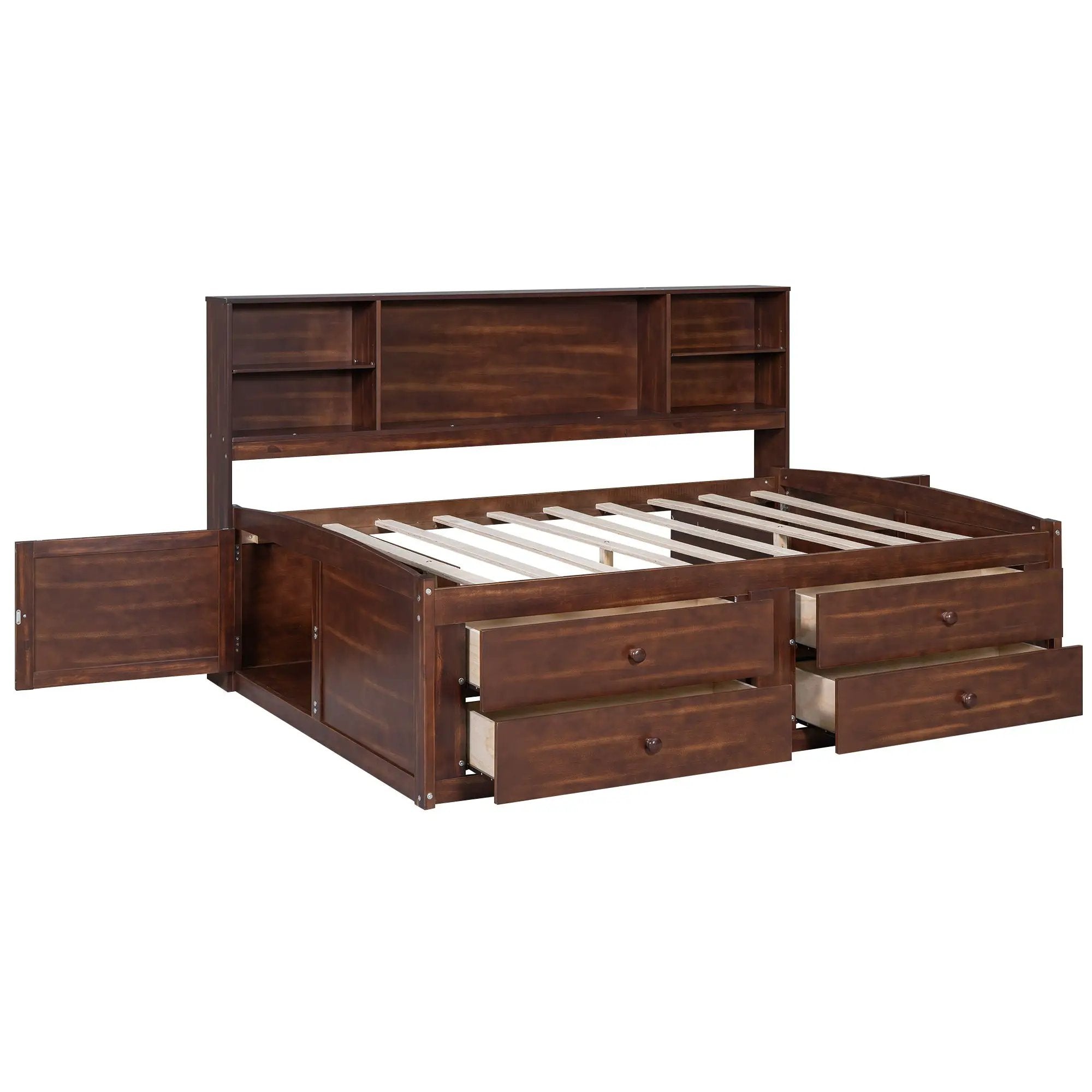 Full Size Captain Bed With Built In Storage Shelves, 4 Drawers And 2 Cabinets - Antique Brown by HouseOfZazla