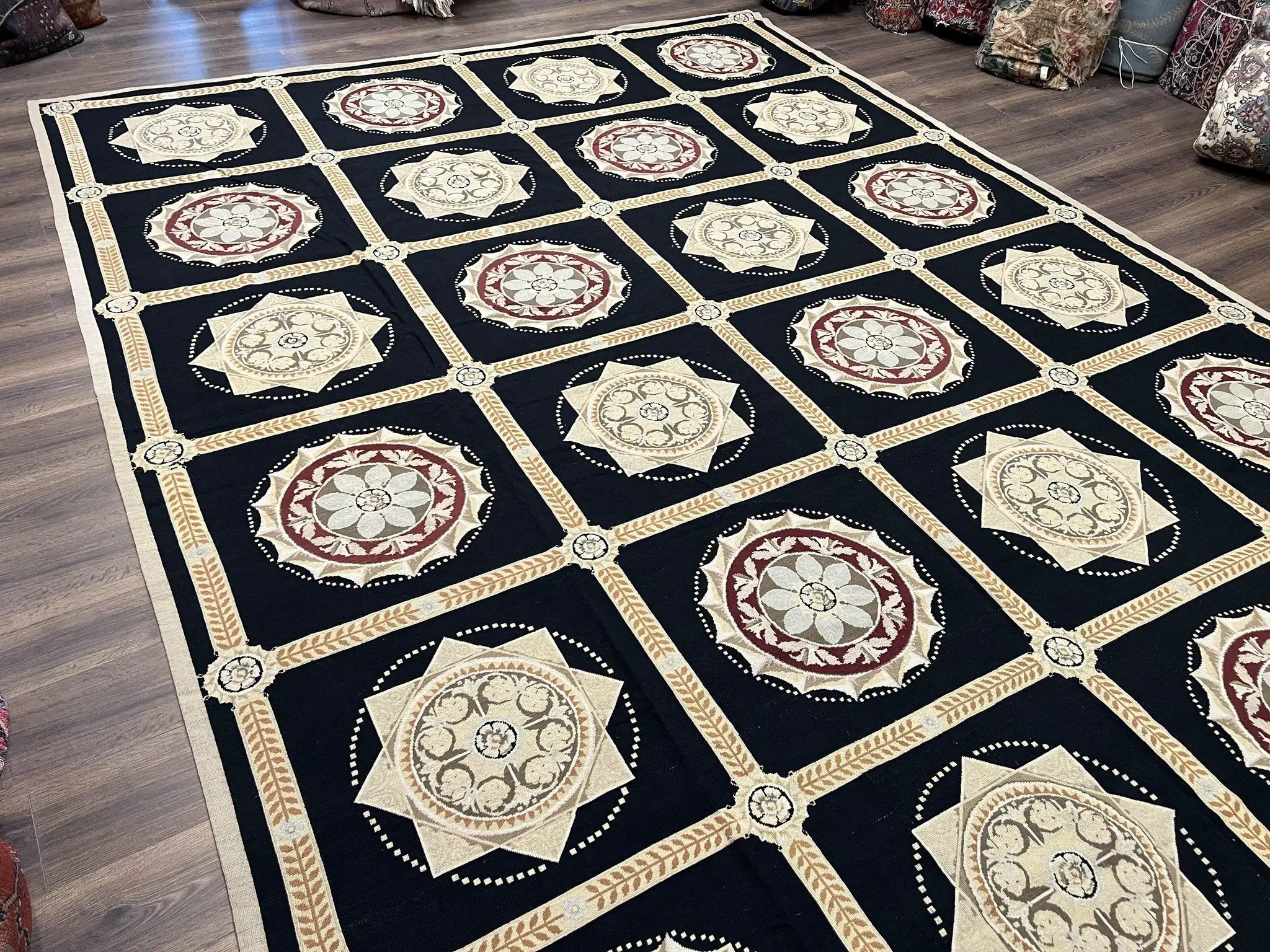 Large Needlepoint Rug 10x13, Panel Design, Black and Beige, Wool Needlepoint Carpet 10 x 13, English Garden, Handwoven Area Rug, Living Room by Jewel Rugs