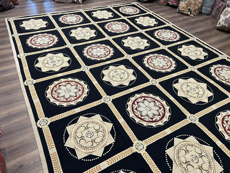 Large Needlepoint Rug 10x13, Panel Design, Black and Beige, Wool Needlepoint Carpet 10 x 13, English Garden, Handwoven Area Rug, Living Room by Jewel Rugs
