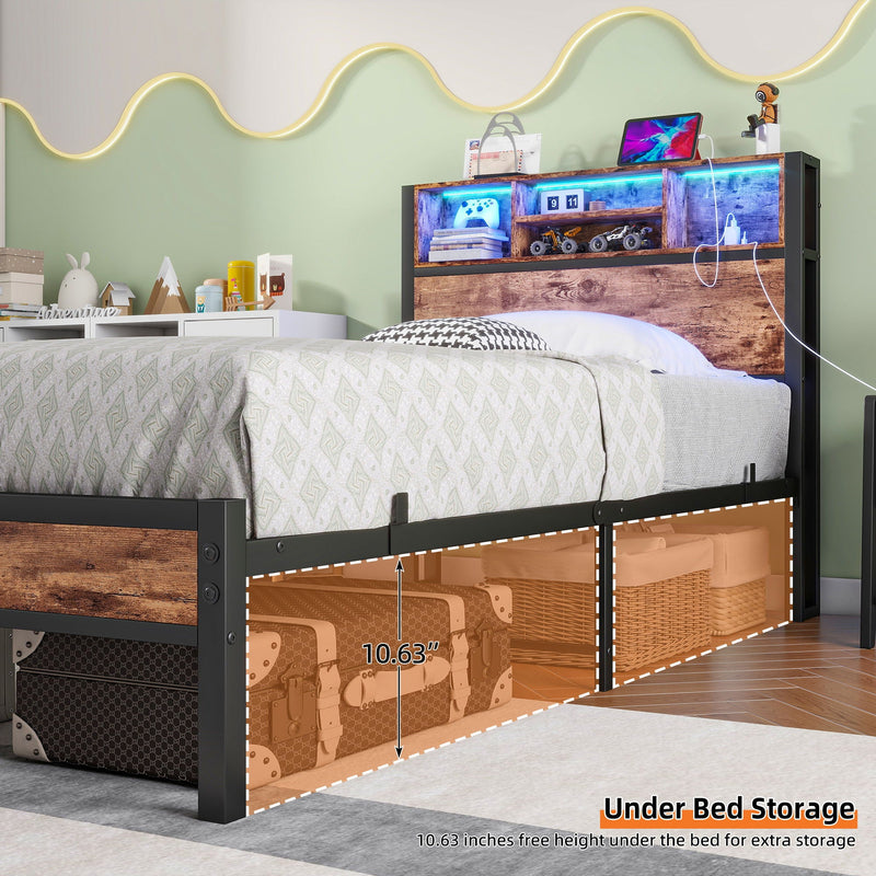 Modern Twin Size Metal Platform Bed Frame With Storage Headboard And Charging Station - Brown by HouseOfZazla