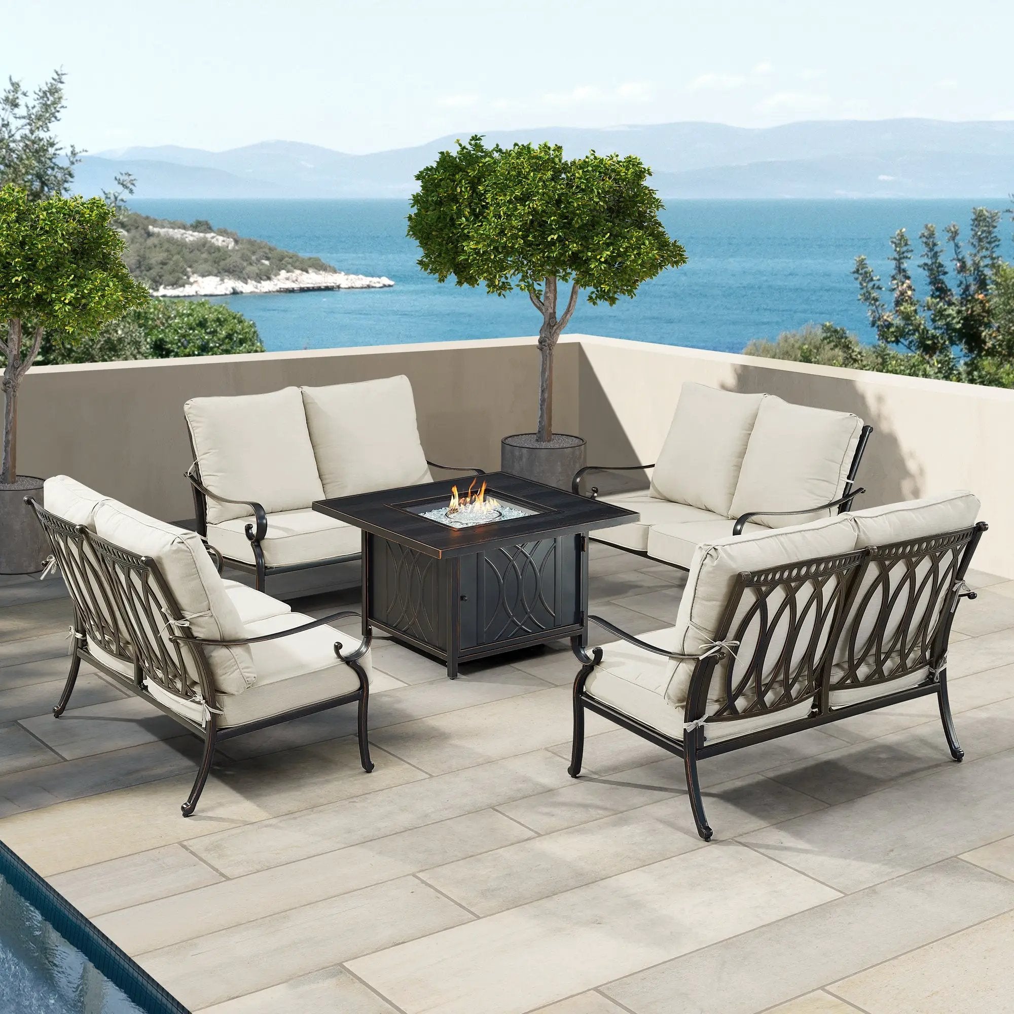 Black Aluminum Fire Table Set with Four Deep Seating Loveseats by Sharicks