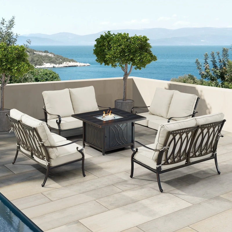 Black Aluminum Fire Table Set with Four Deep Seating Loveseats by Sharicks