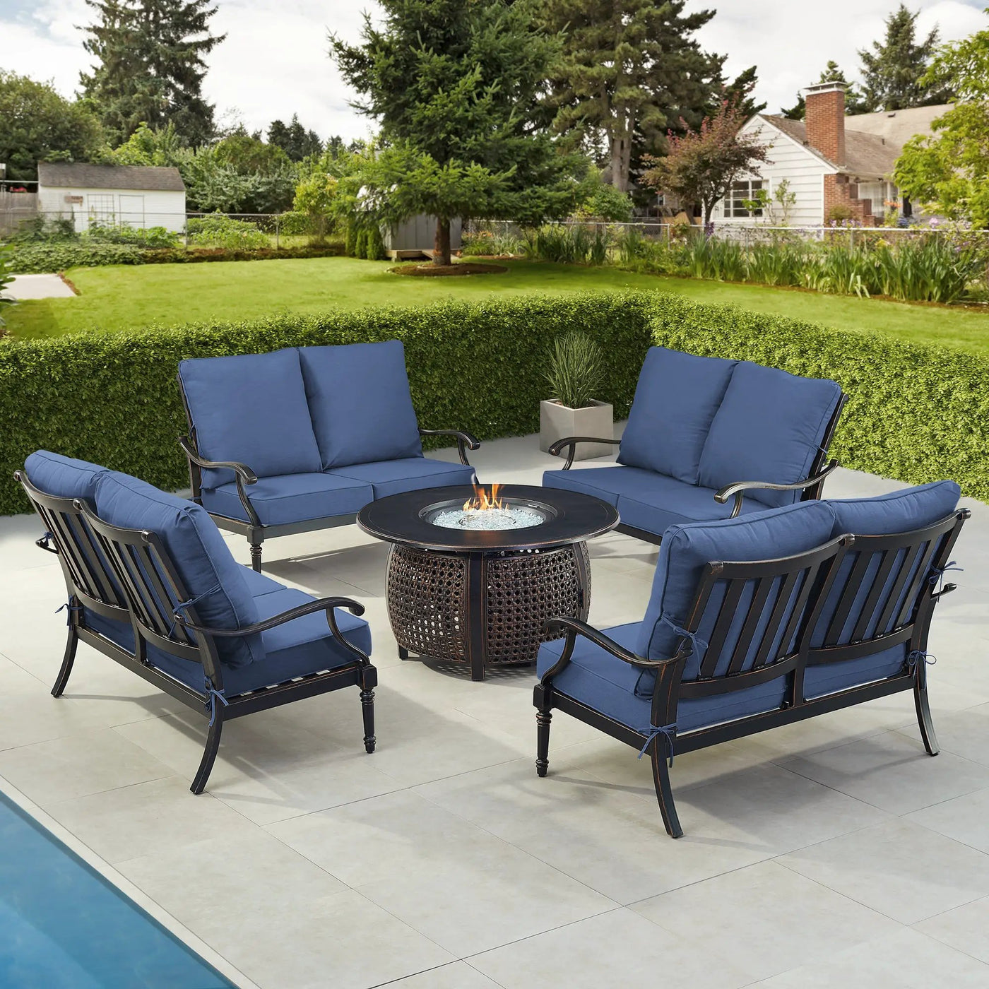 Black Aluminum Fire Table Set with Four Deep Seating Loveseats by Sharicks