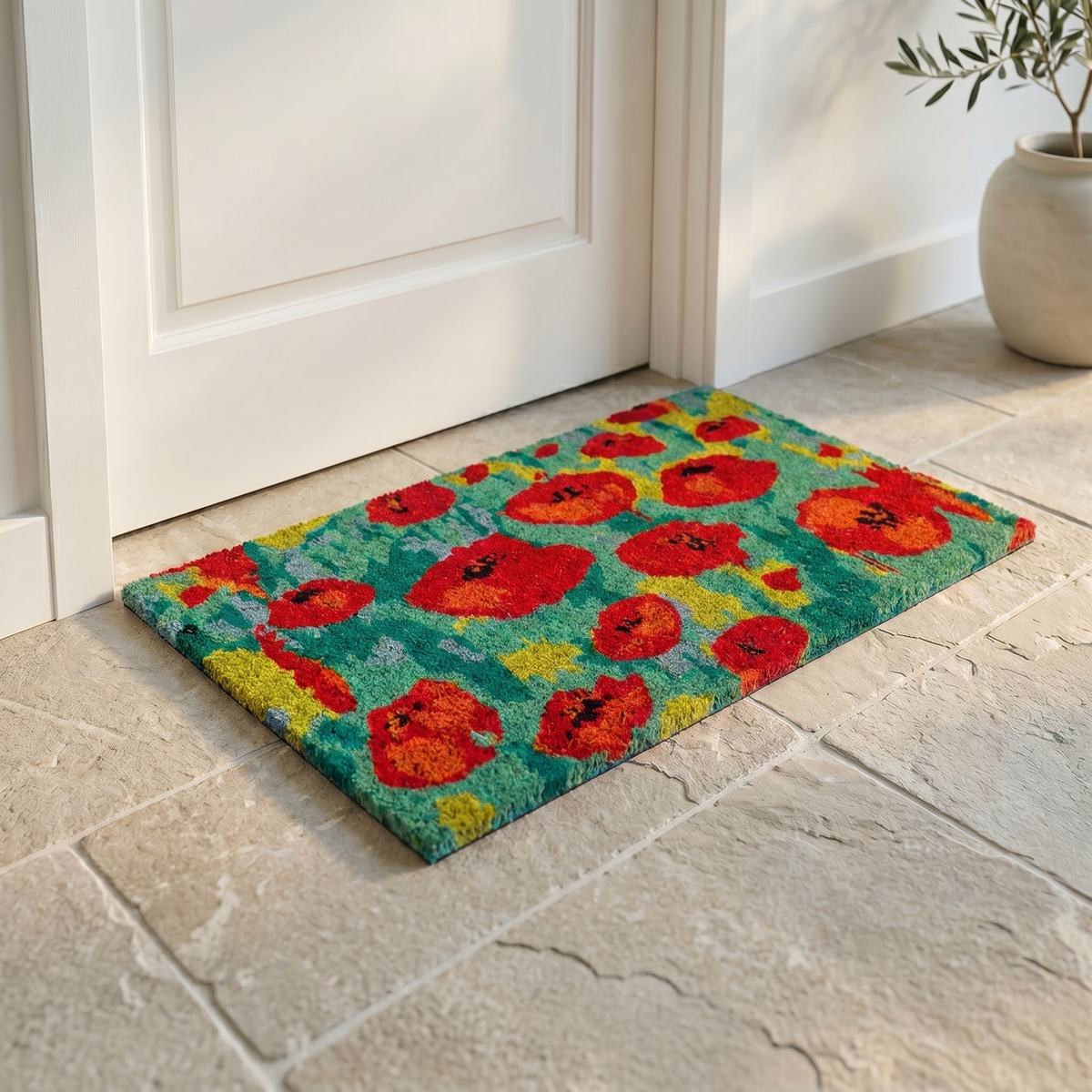 Field of Poppies Red Multi Coir Doormat, installed in a room