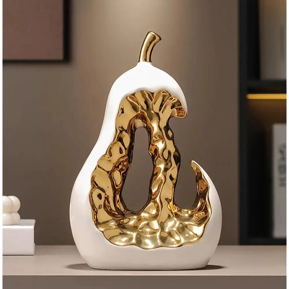 Modern Ceramic Pear Sculpture with Gold Abstract Center by House Of Avana