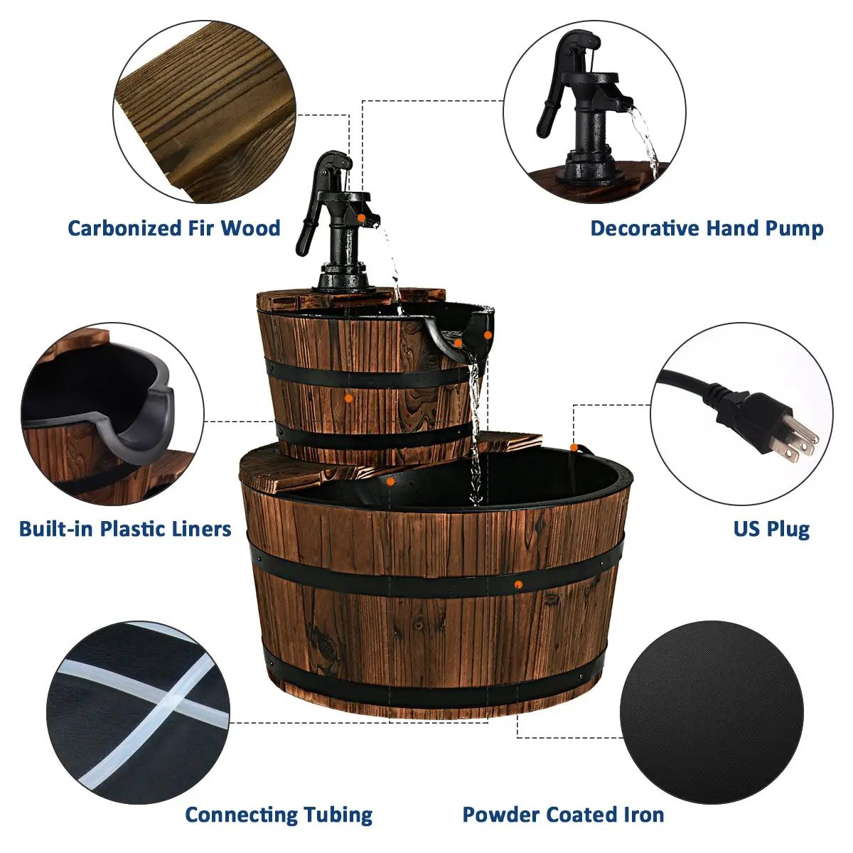 2-Tiers Outdoor Wooden Barrel Waterfall Fountain with Pump by DirectDeals