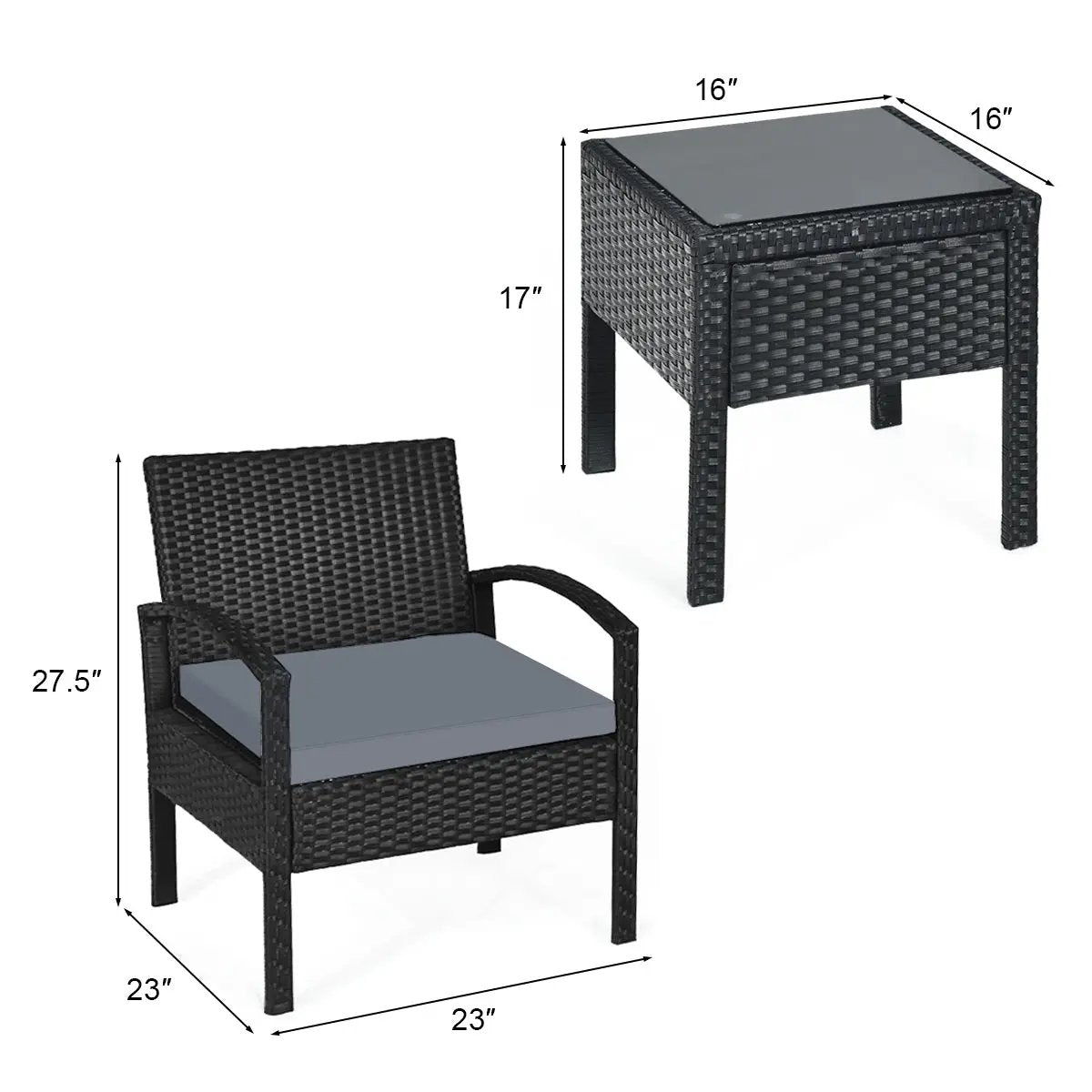 3 Pieces Outdoor Rattan Patio Conversation Set with Seat Cushions by DirectDeals