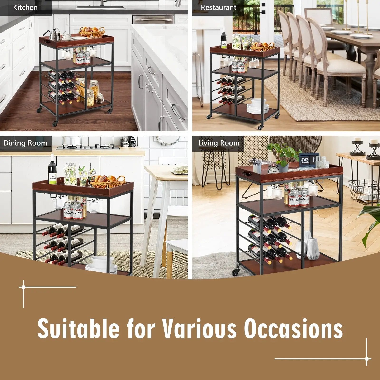 3 Tiers Storage Bar Serving Cart with Wine Rack by DirectDeals