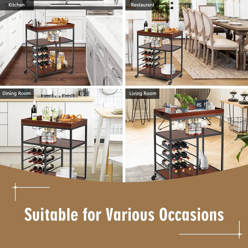 3 Tiers Storage Bar Serving Cart with Wine Rack by DirectDeals