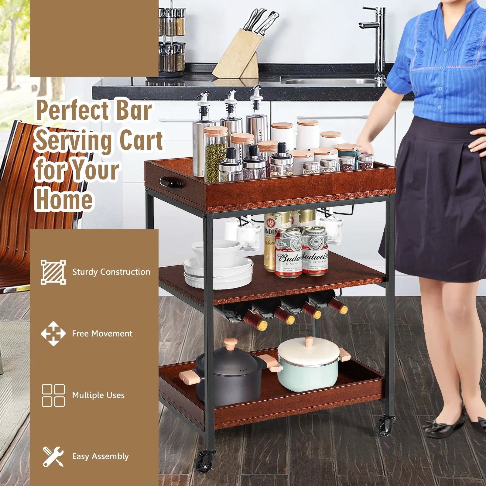 3 Tiers Kitchen Island Serving Bar Cart with Glasses Holder and Wine Bottle Rack by DirectDeals