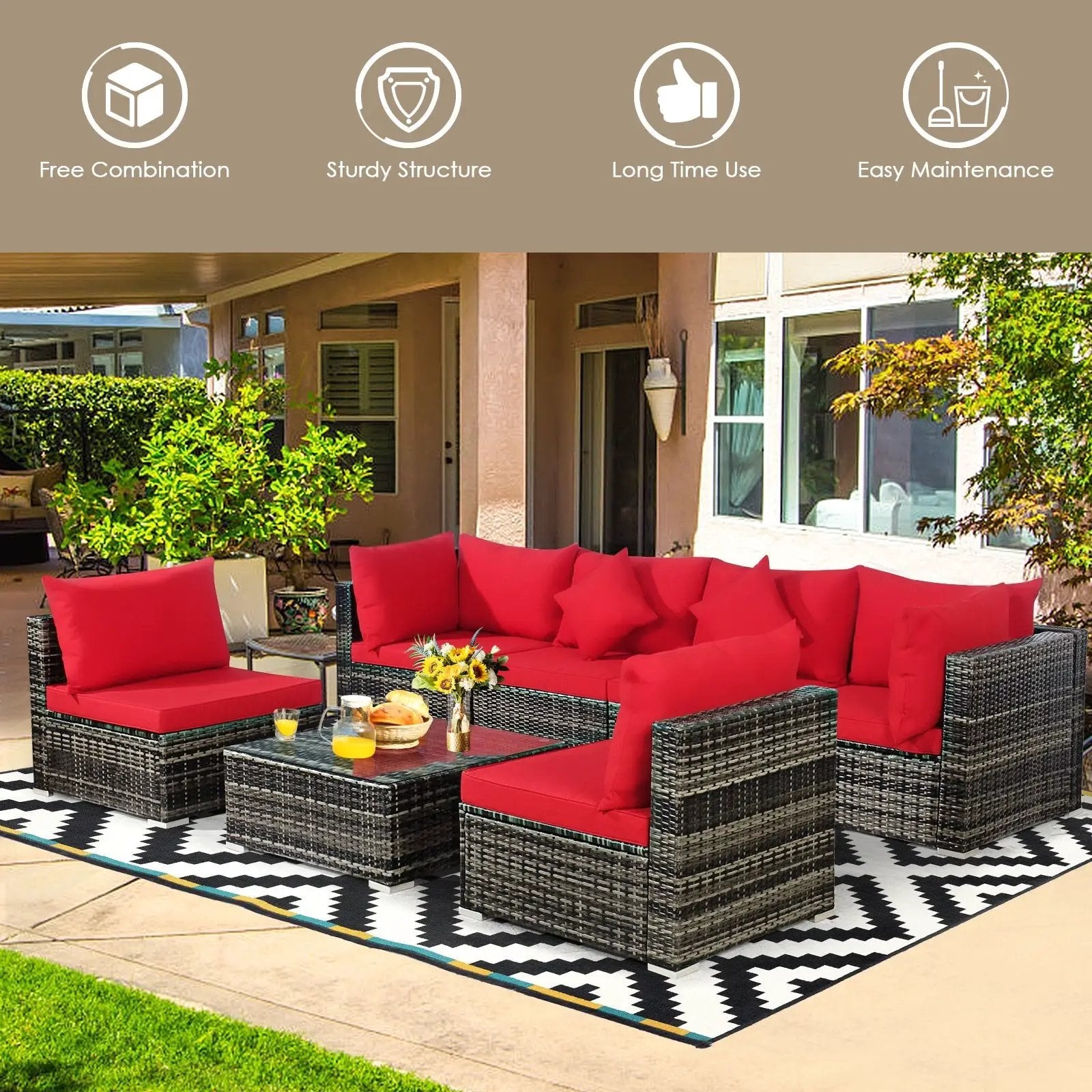 7 Pieces Patio Rattan Furniture Set Sectional Sofa Garden Cushion by DirectDeals