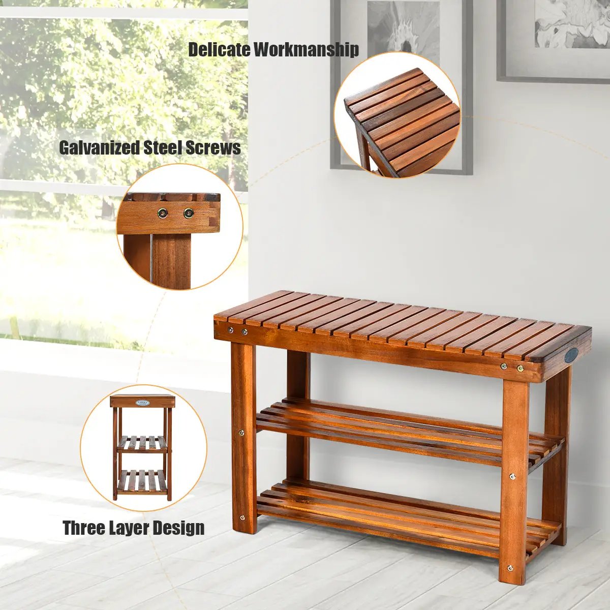 Freestanding Wood Bench with 3-Tier Storage Shelves by DirectDeals