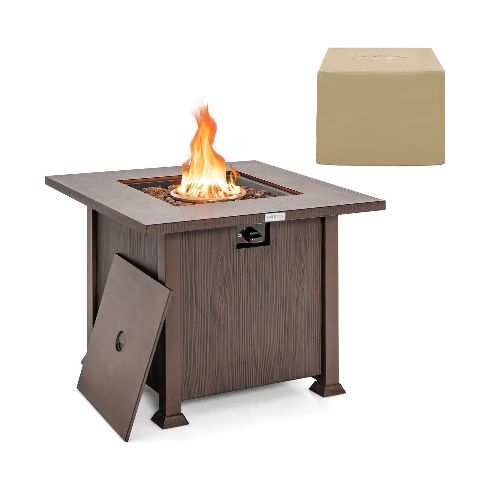 32 Inch 50 000 BTU Square Fire Pit Table with Lid and Lava Rocks-Brown by DirectDeals