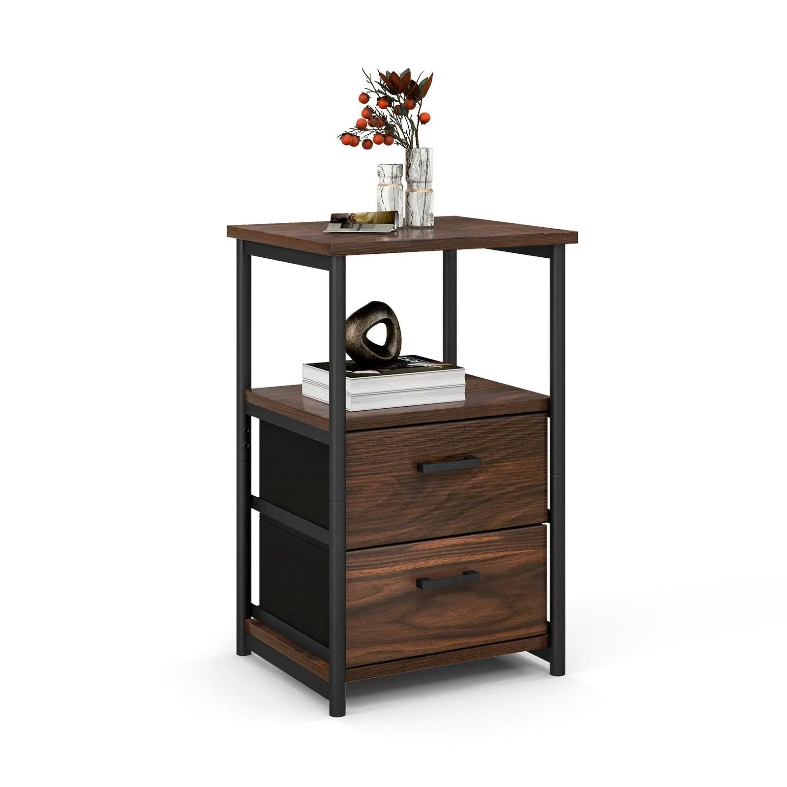 3-Tier Retro Nightstand with 2 Removable Fabric Drawers and Open Shelf-Walnut by DirectDeals