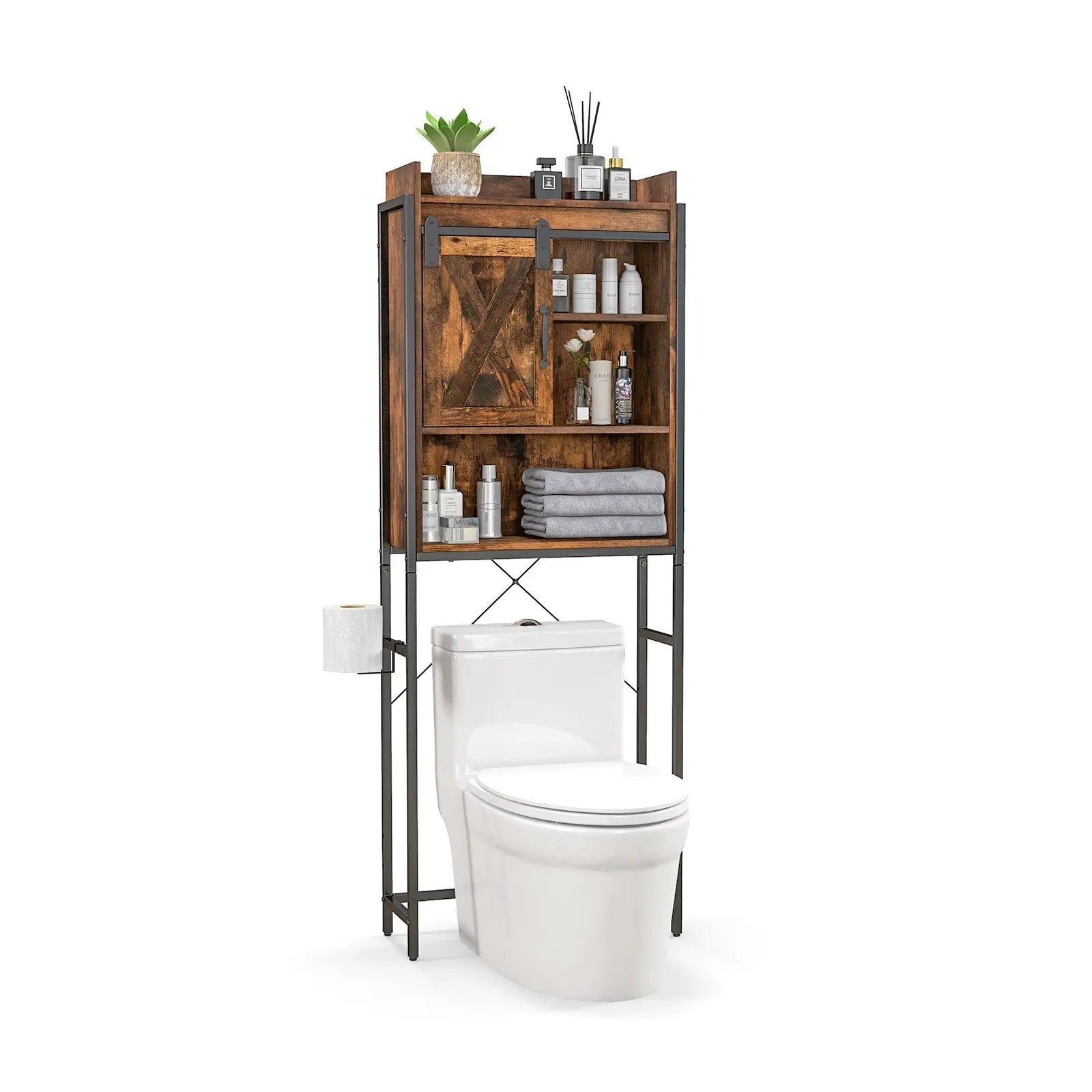 4-Tier Multifunctional Toilet Sorage Cabinet with Adjustable Shelf and Sliding Barn Door by DirectDeals