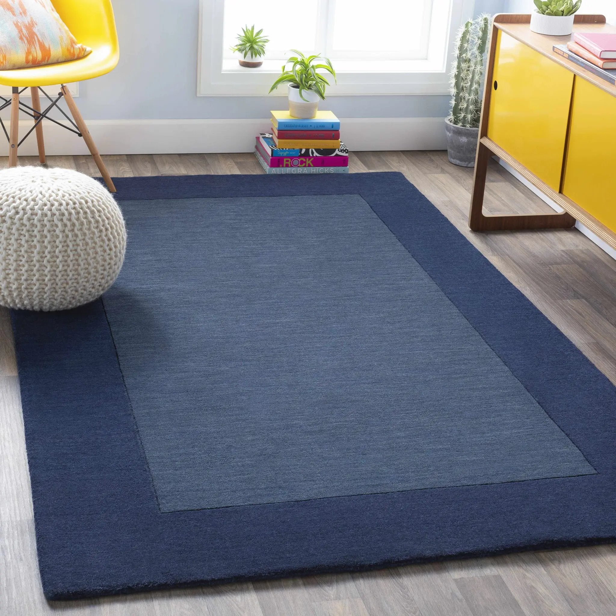 Bordered Solid Ink Blue Wool Rug by Boutique Rugs