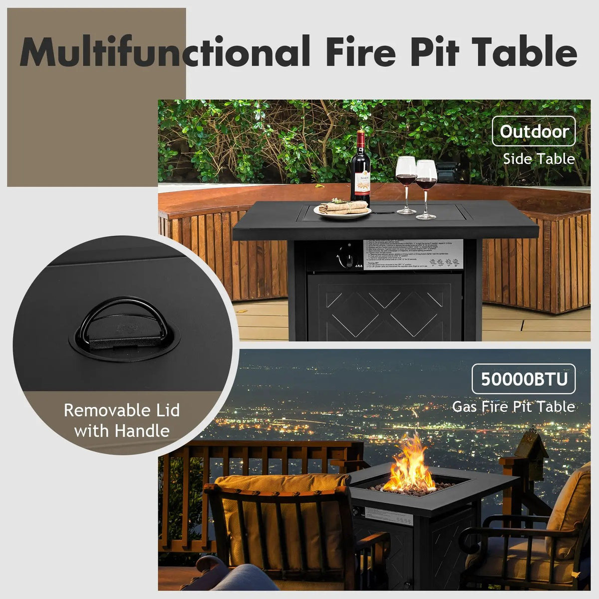 28 Inch Propane 50 000 BTU Patio Square Gas Fireplace with Lava Rock-Black by DirectDeals