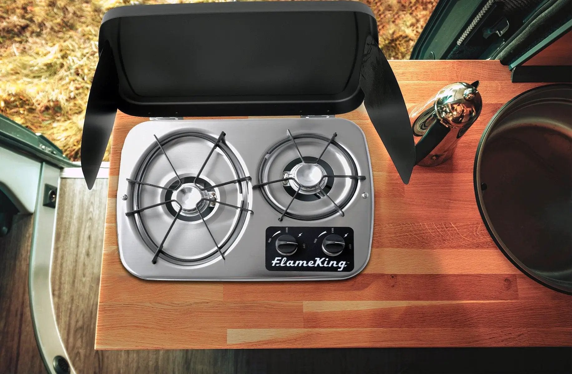 Flame King 2 Burner Built-In RV Trailer Stove with Wind Shield by Flame King Products