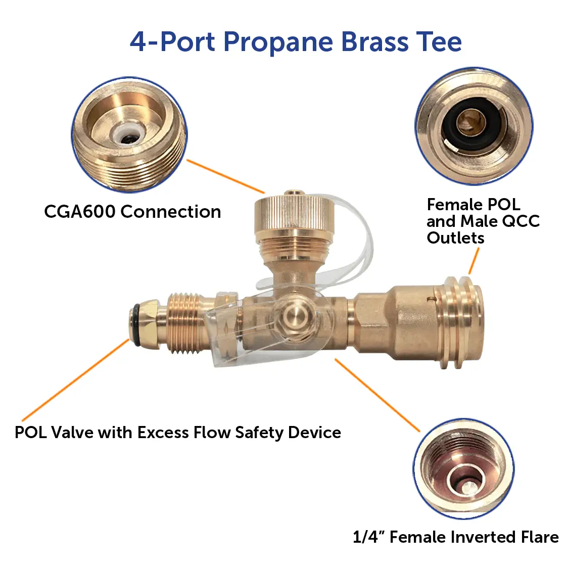 4 Port Brass Tee Propane Adapter - Flame King by Flame King Products