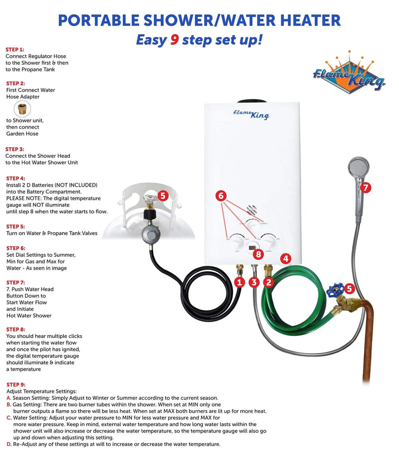 Flame King Tankless Outdoor Portable Camping Hot Shower Propane Gas 10L 2.64GPM Water Heater 68,000 BTU by Flame King Products